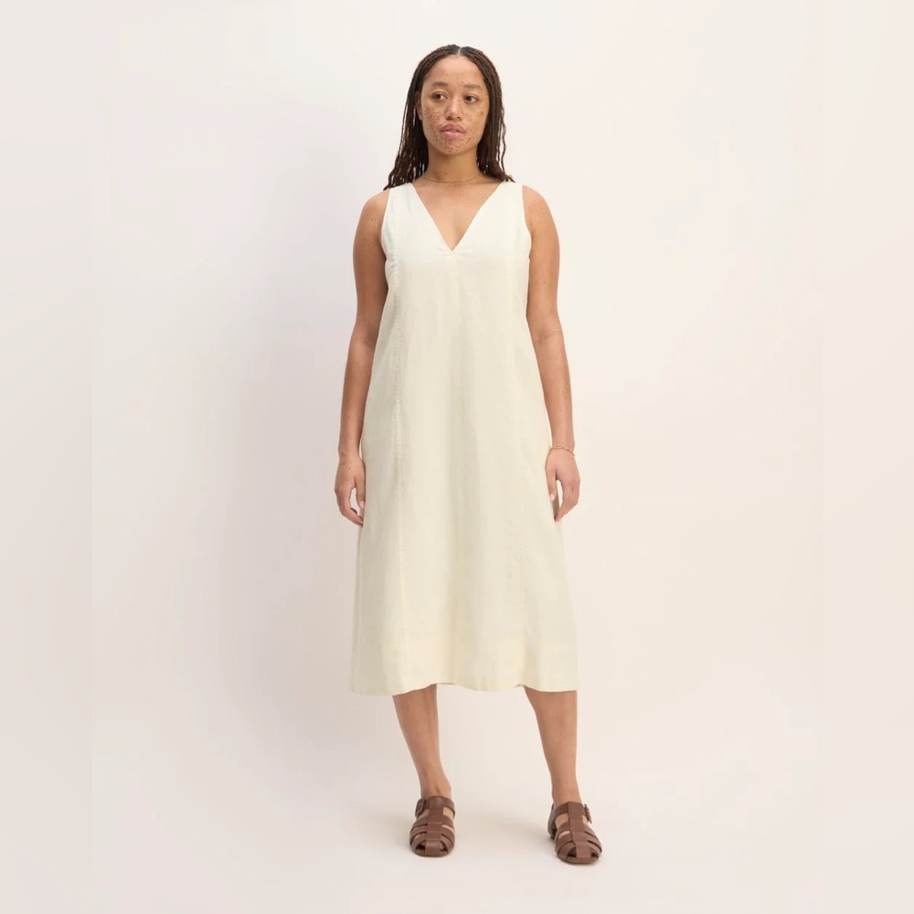 NWT EVERLANE The Linen V-Neck Midi Dress BONE Sz 6